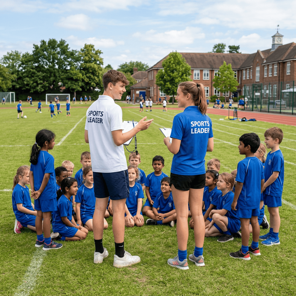 Two sports leaders coaching a group of kids
