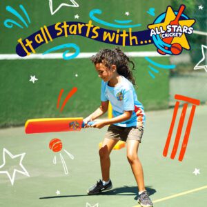 All stars cricket promotional banner with girl playing cricket